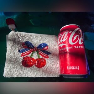 NWOT Francesca’s Beaded Cherries with America Flag bow change pouch small